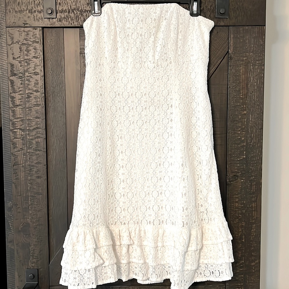 Lilly Pulitzer Franco Lace White Petal Pusher Ruffle Tie Back Strapless Dress